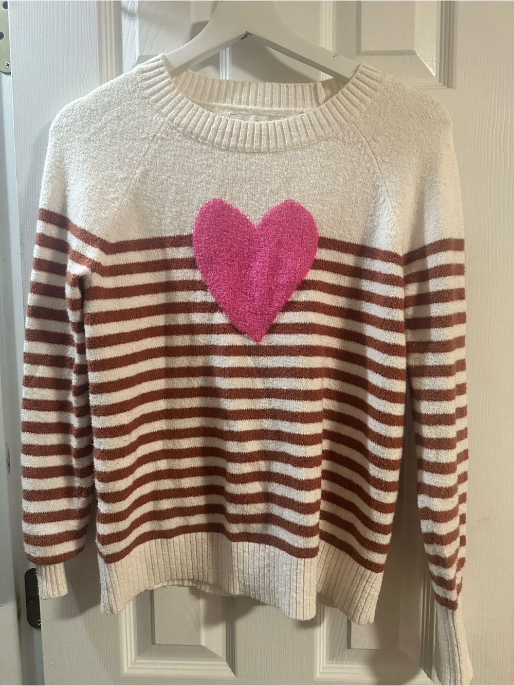 LOFT Cream & Brown Striped Crew Sweater with Pink Heart